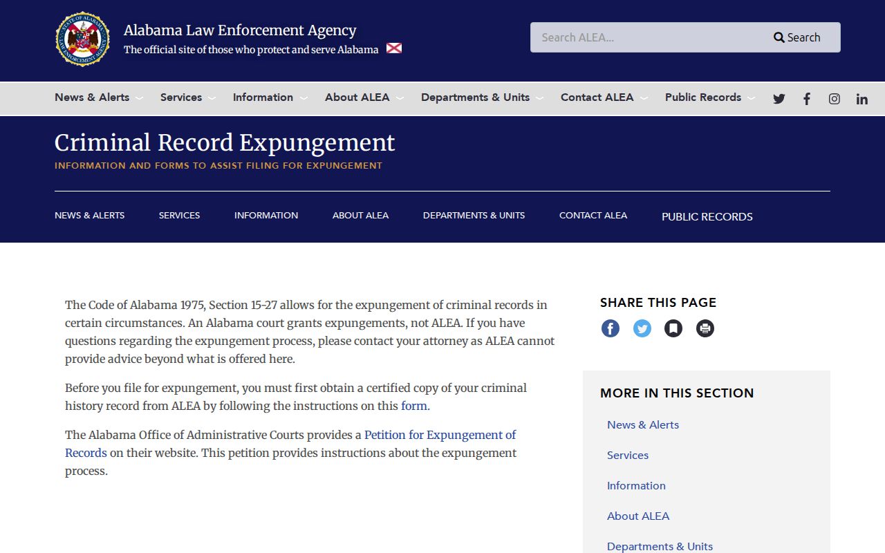 Elmore County criminal history Alabama expungement forms gateway